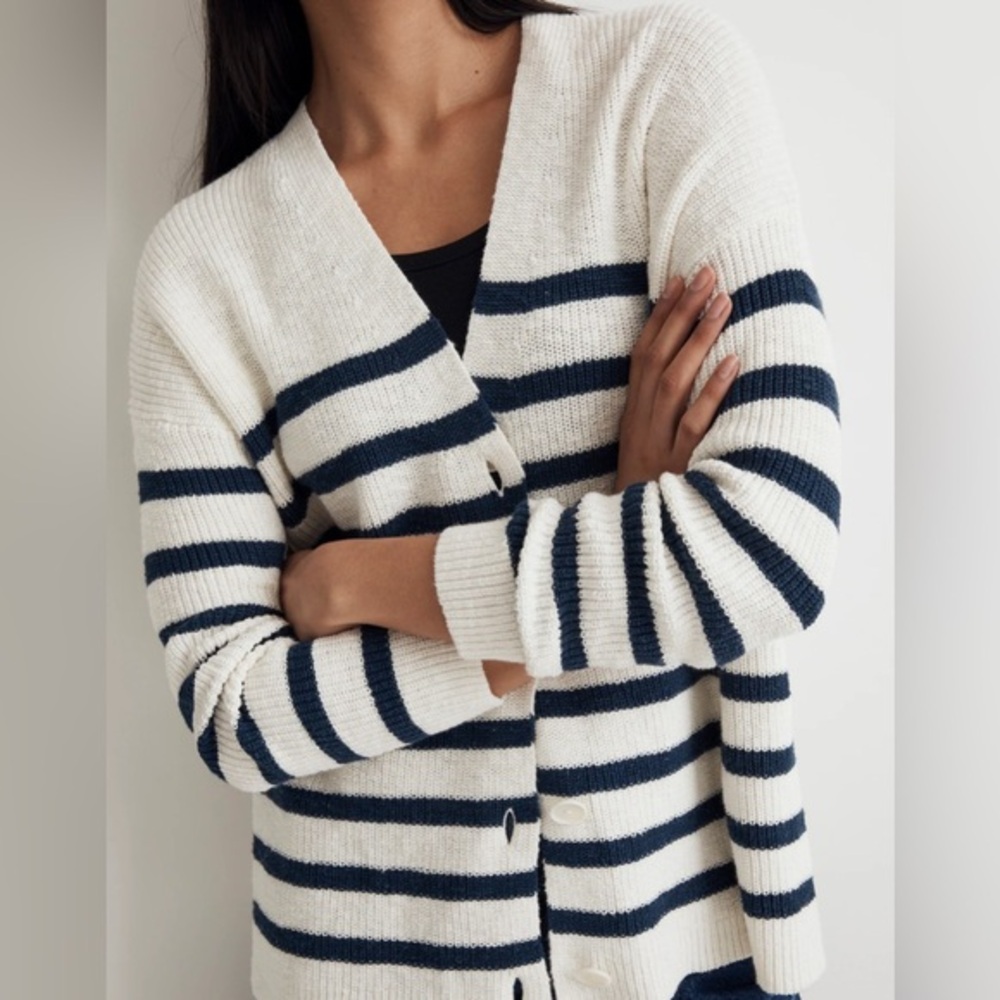 Madewell Striped V-Neck Button Front Cotton Cardigan | Small | Navy & Cream - Picture 2 of 14